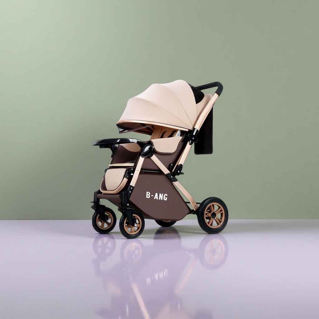 The beige sunshade with a brown baby stroller is portable, lightweight and foldable for sun protection and shading Specification image