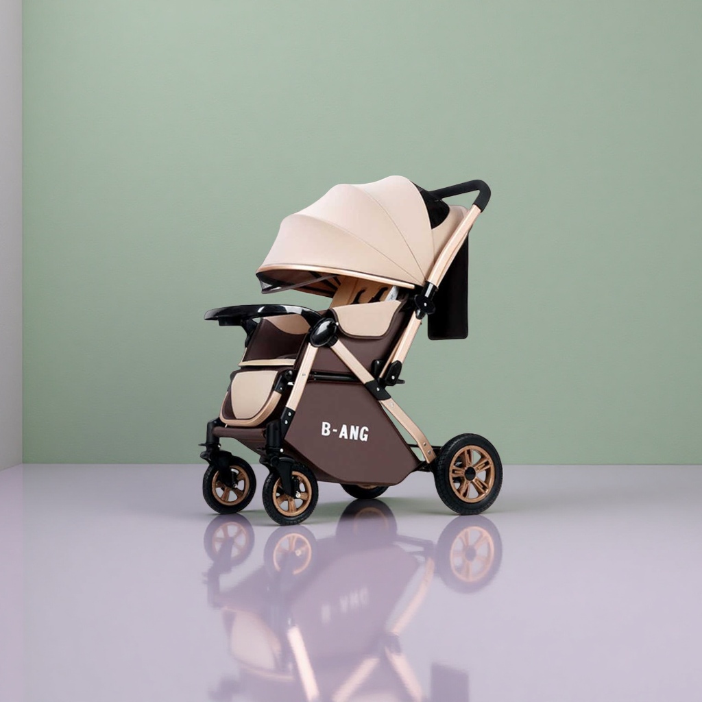 The beige sunshade with a brown baby stroller is portable, lightweight and foldable for sun protection and shading Application Scenario