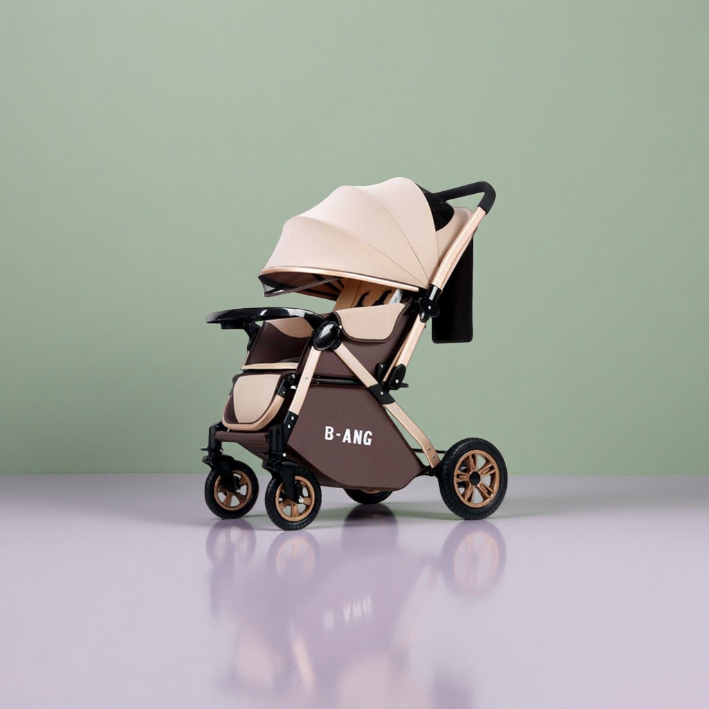 The beige sunshade with a brown baby stroller is portable, lightweight and foldable for sun protection and shading details Picture