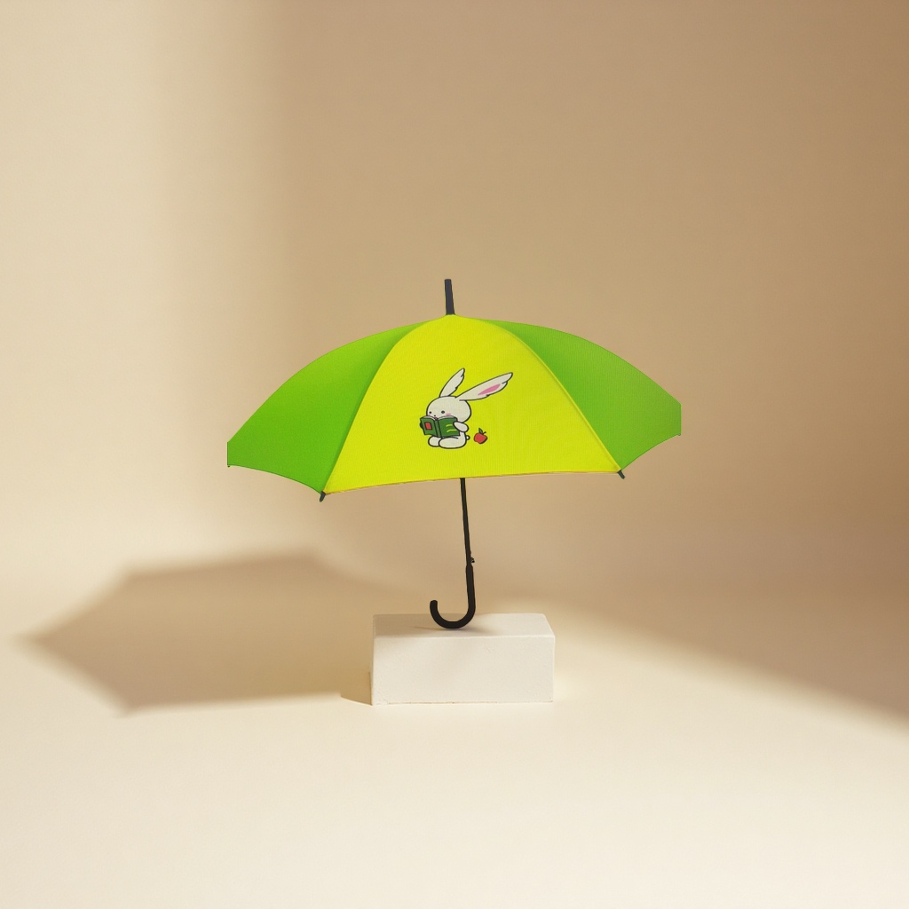 Verde amarillo conejo lectura libro patrón paraguas impermeable protección solar sol y lluvia doble uso details Picture
