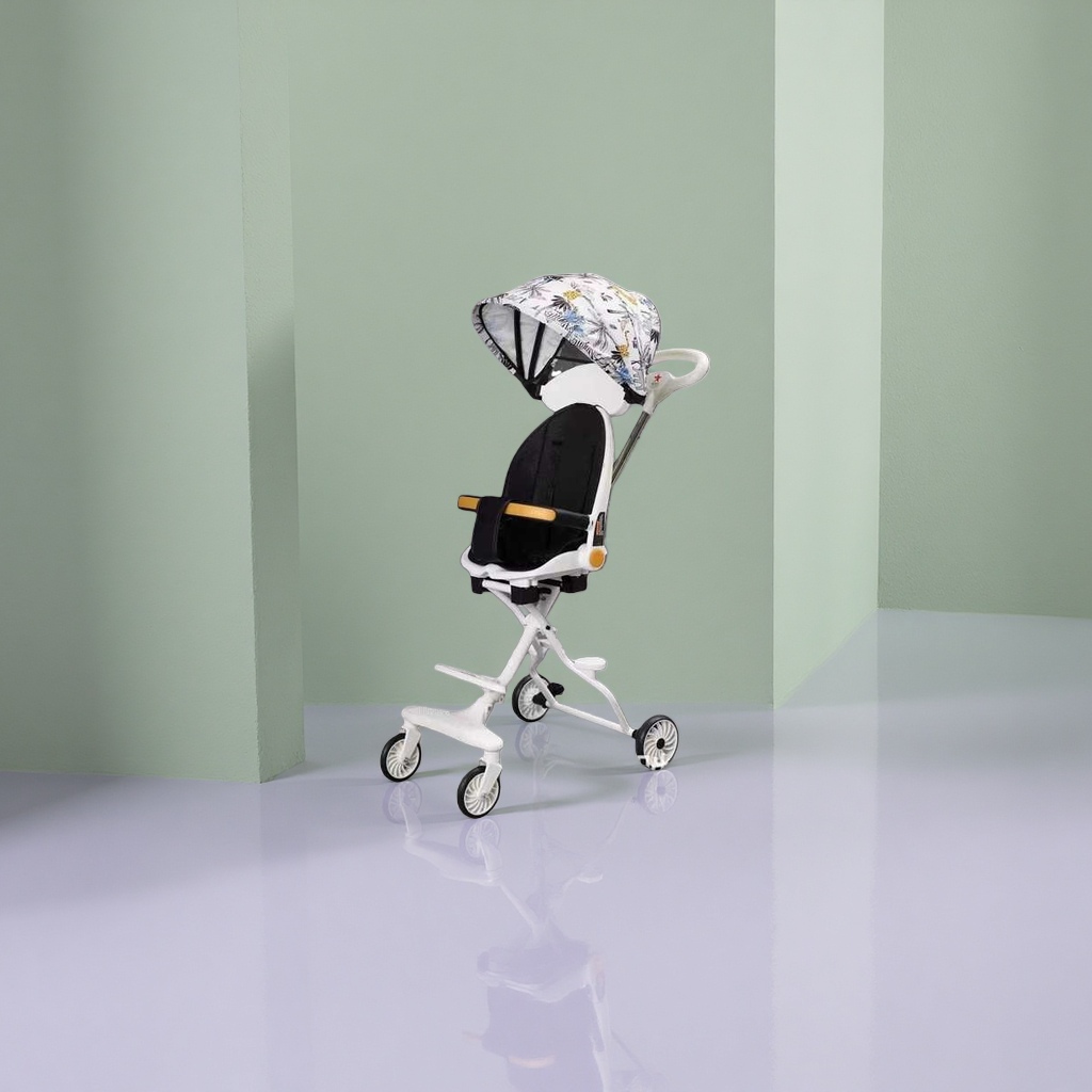 The white baby stroller with a floral pattern sunshade and black seat is lightweight and foldable Application Scenario