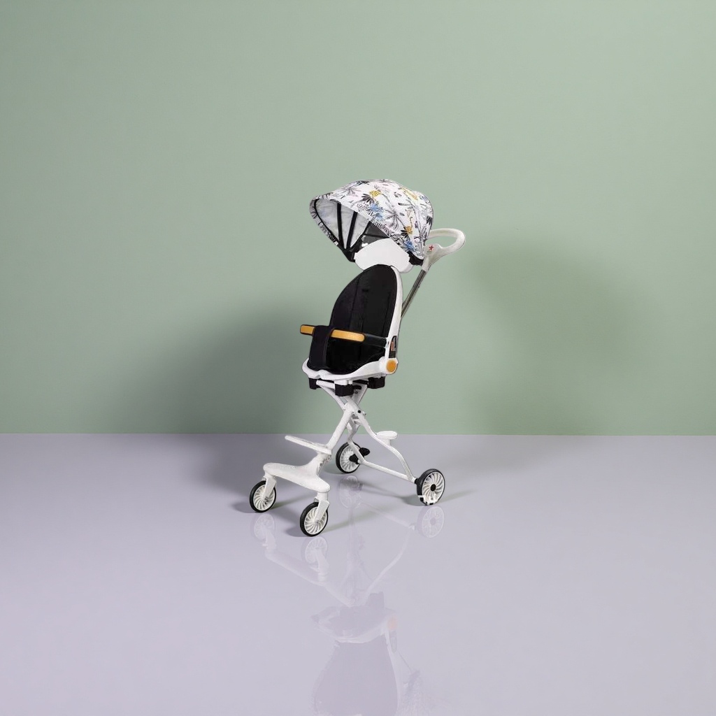 The white baby stroller with a floral pattern sunshade and black seat is lightweight and foldable Specification image