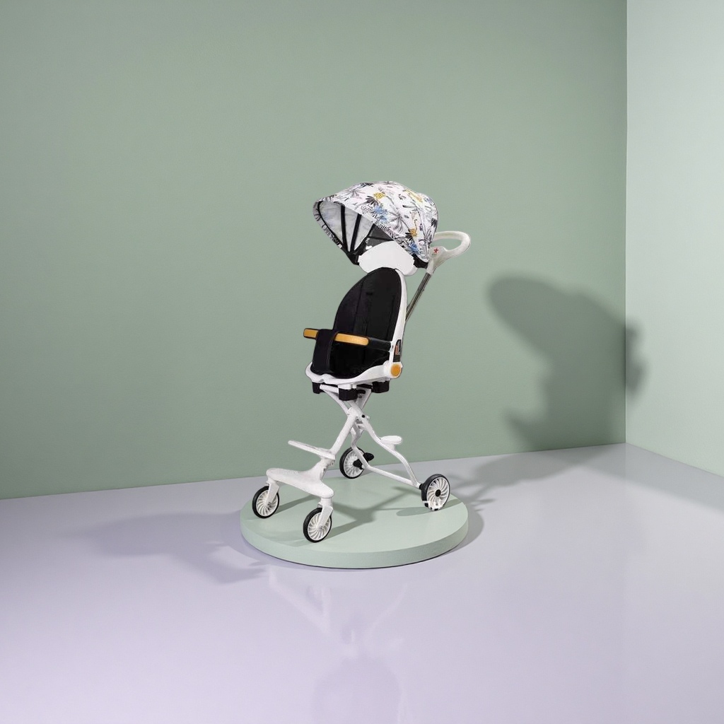 The white baby stroller with a floral pattern sunshade and black seat is lightweight and foldable details Picture
