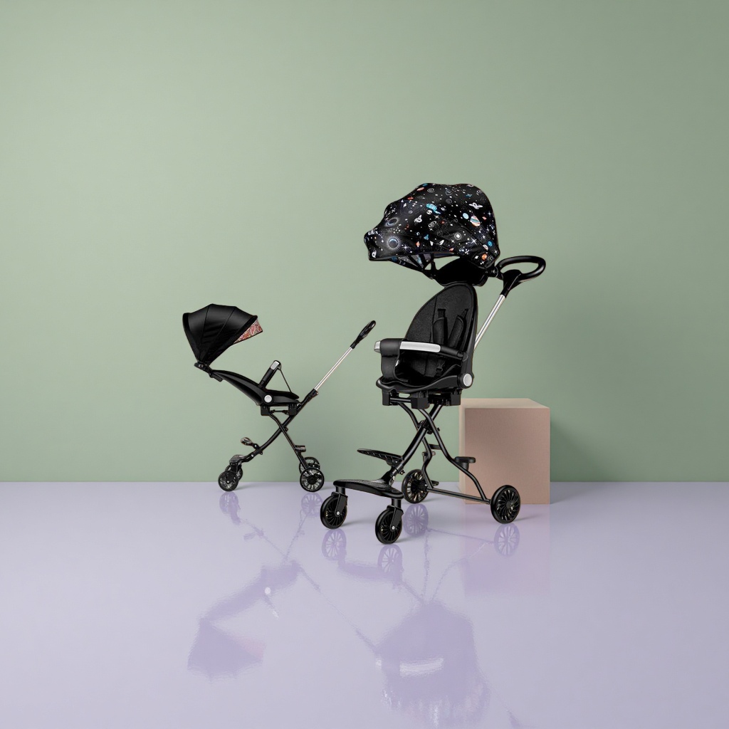 The black baby stroller has an aluminum alloy frame. It can be retracted with one button and pushed in both directions, suitable for both weather and rain Application Scenario