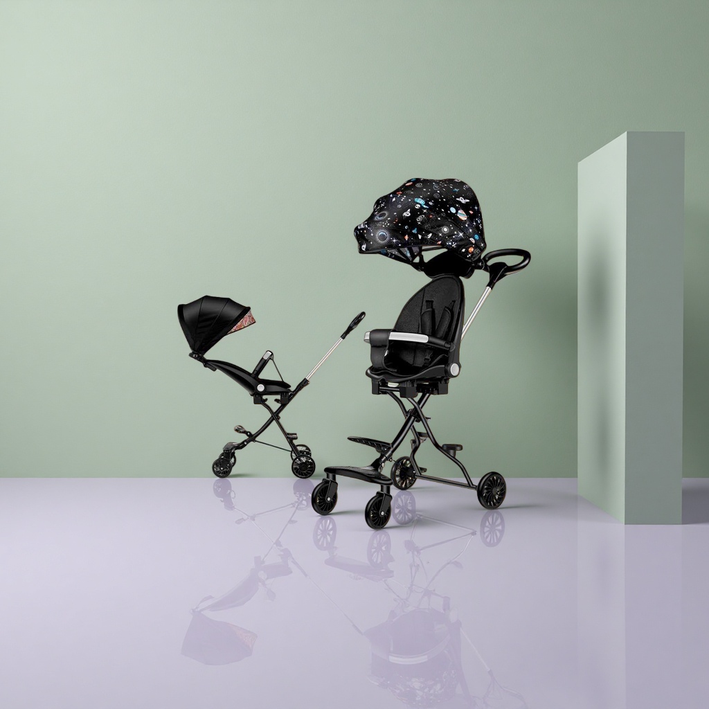 The black baby stroller has an aluminum alloy frame. It can be retracted with one button and pushed in both directions, suitable for both weather and rain details Picture