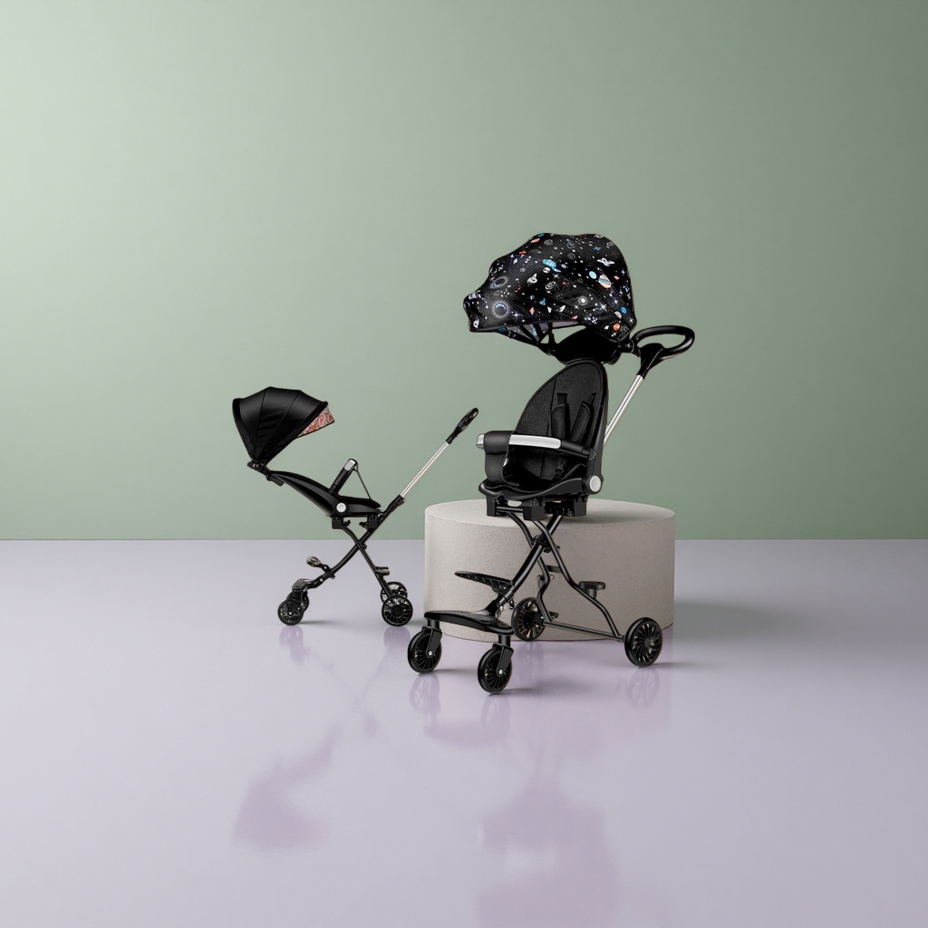 The black baby stroller has an aluminum alloy frame. It can be retracted with one button and pushed in both directions, suitable for both weather and rain Specification image