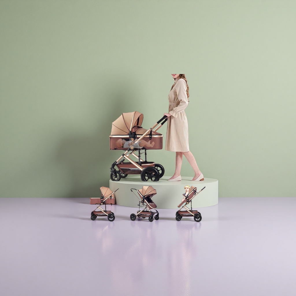 Beige baby stroller with three-stage convertible basket, sitting position, golden frame and black wheels Specification image