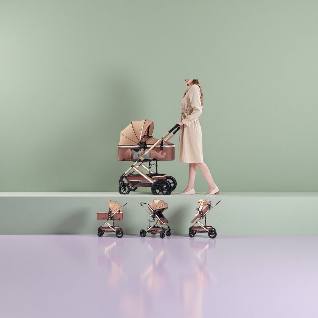 Beige baby stroller with three-stage convertible basket, sitting position, golden frame and black wheels Application Scenario