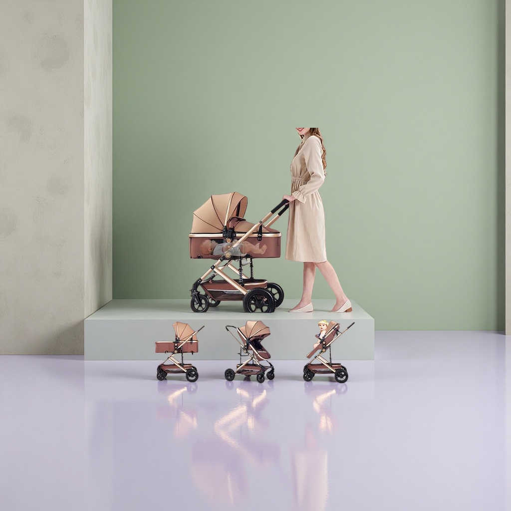 Beige baby stroller with three-stage convertible basket, sitting position, golden frame and black wheels