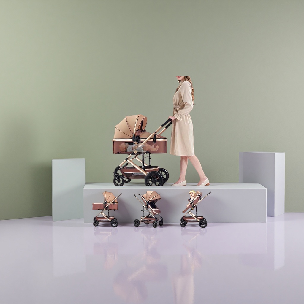 Beige baby stroller with three-stage convertible basket, sitting position, golden frame and black wheels details Picture