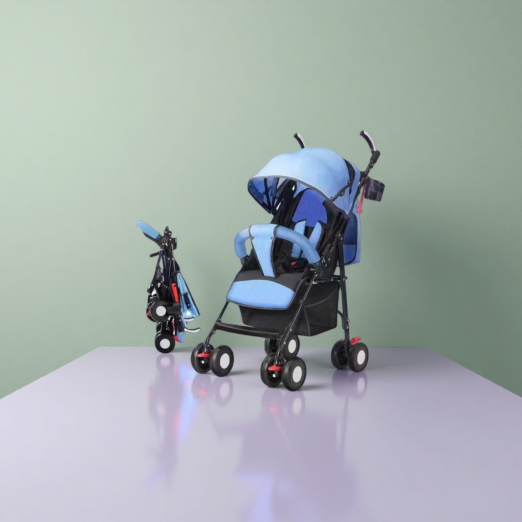 Blue baby stroller with aluminum alloy frame, summer breathable mesh fabric and adjustable sunshade Application Scenario