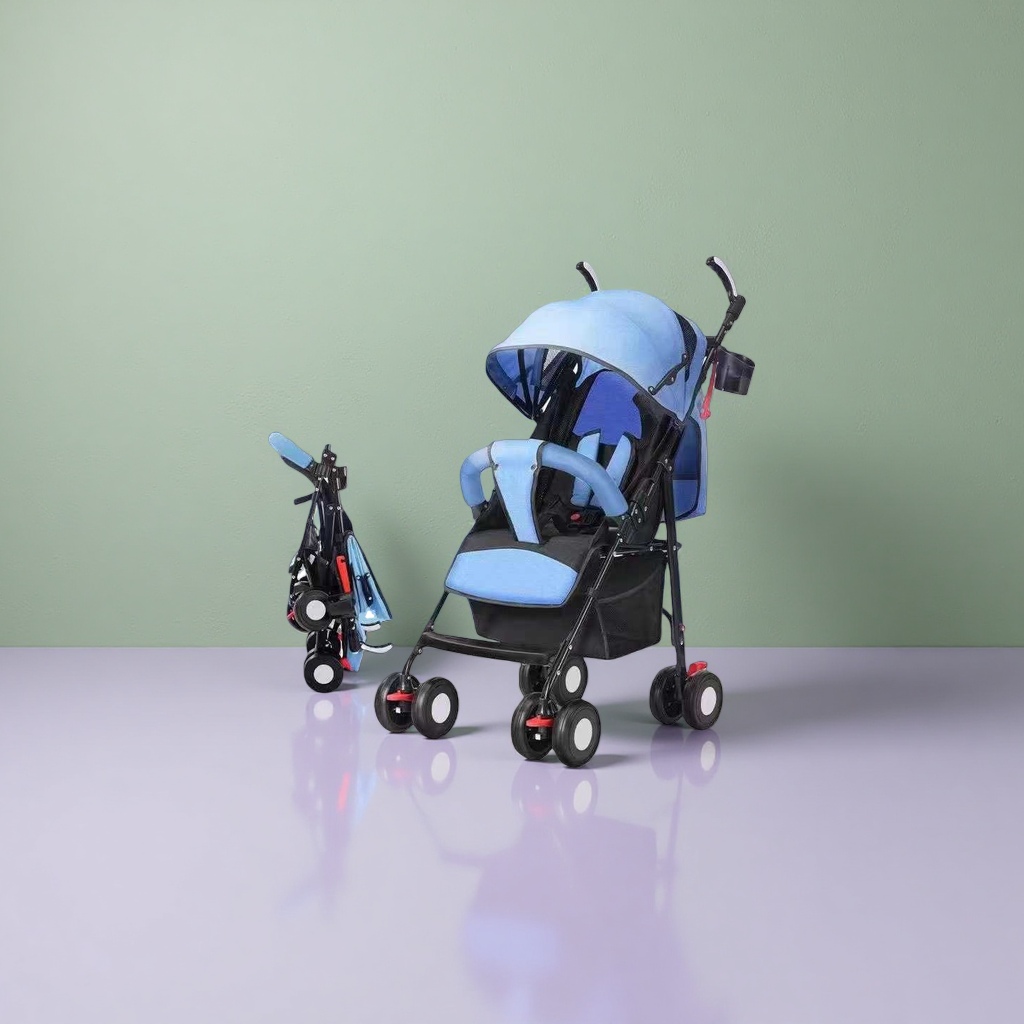 Blue baby stroller with aluminum alloy frame, summer breathable mesh fabric and adjustable sunshade Specification image