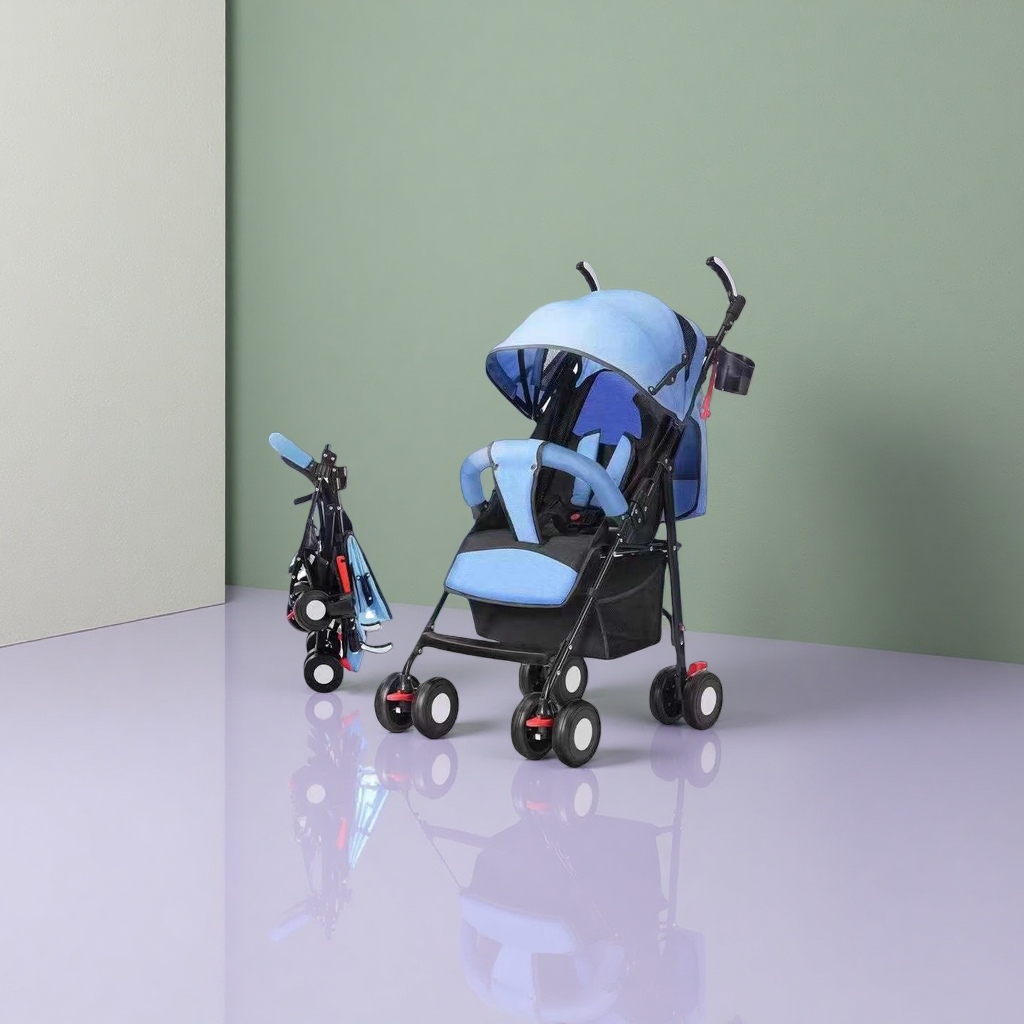 Blue baby stroller with aluminum alloy frame, summer breathable mesh fabric and adjustable sunshade
