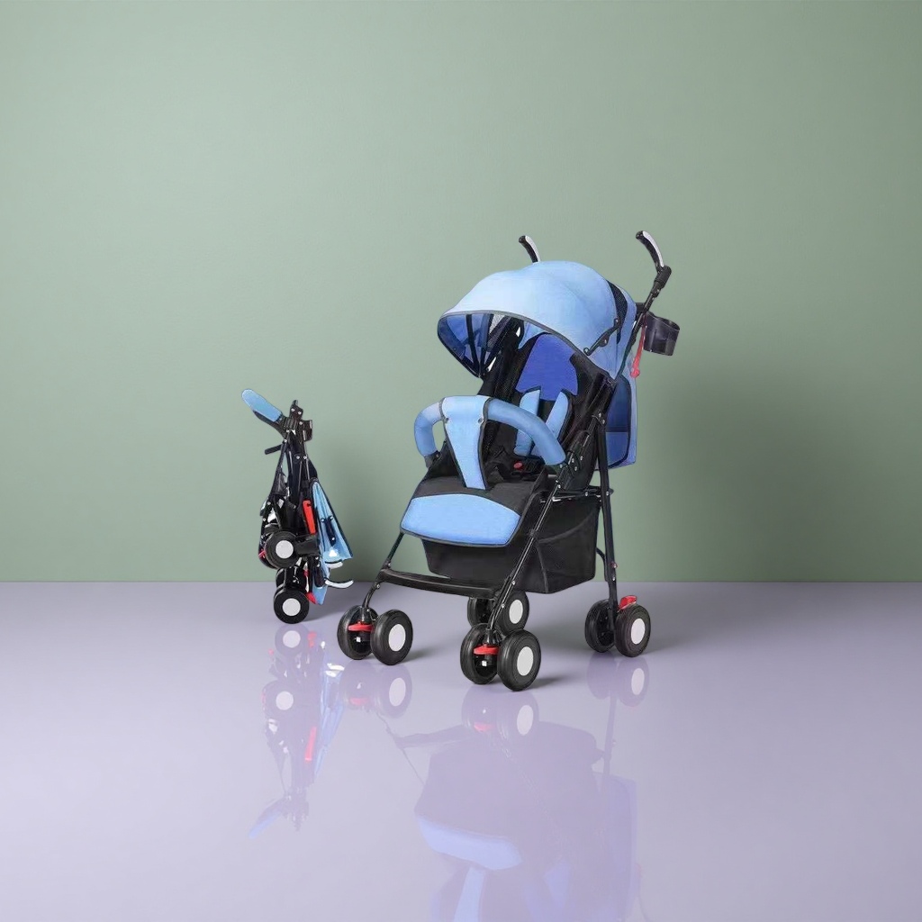 Blue baby stroller with aluminum alloy frame, summer breathable mesh fabric and adjustable sunshade details Picture