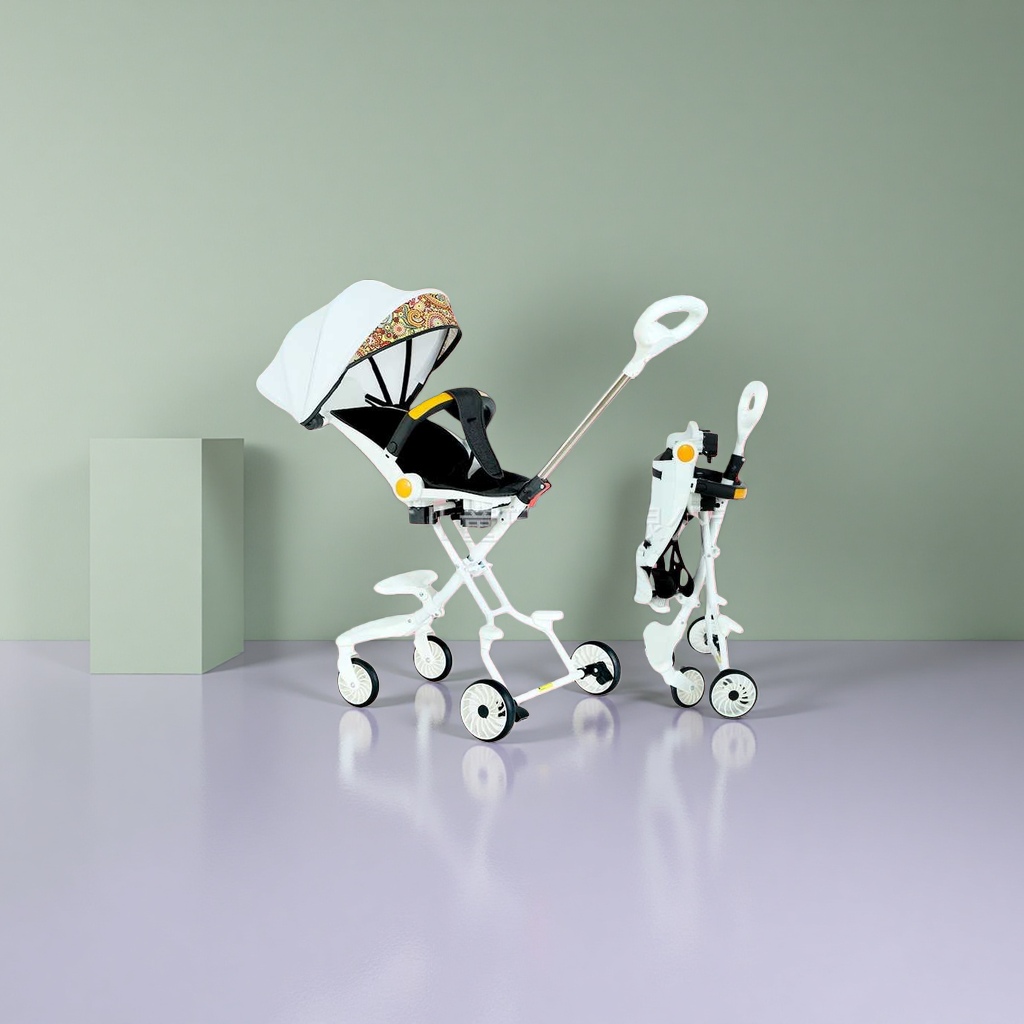 White baby stroller with sunshade, black seat, foldable four-wheel design details Picture