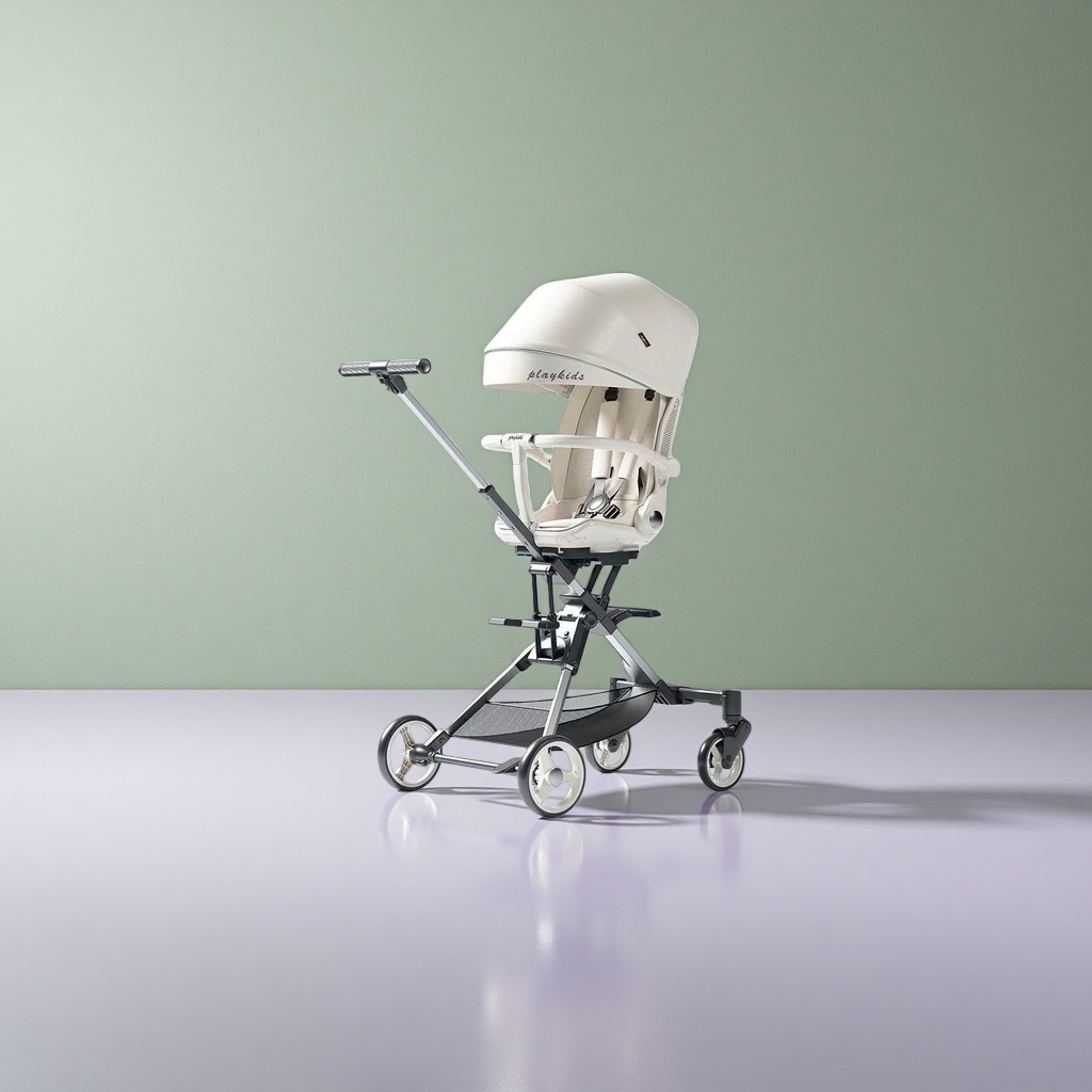The off-white baby stroller is lightweight, foldable, suitable for sitting or lying down, shock-absorbing and offers a high view Application Scenario