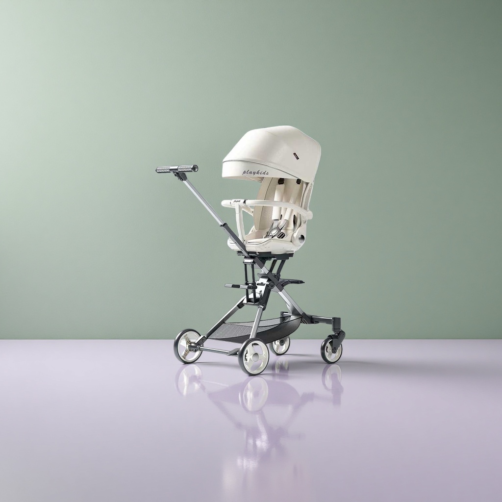 The off-white baby stroller is lightweight, foldable, suitable for sitting or lying down, shock-absorbing and offers a high view details Picture