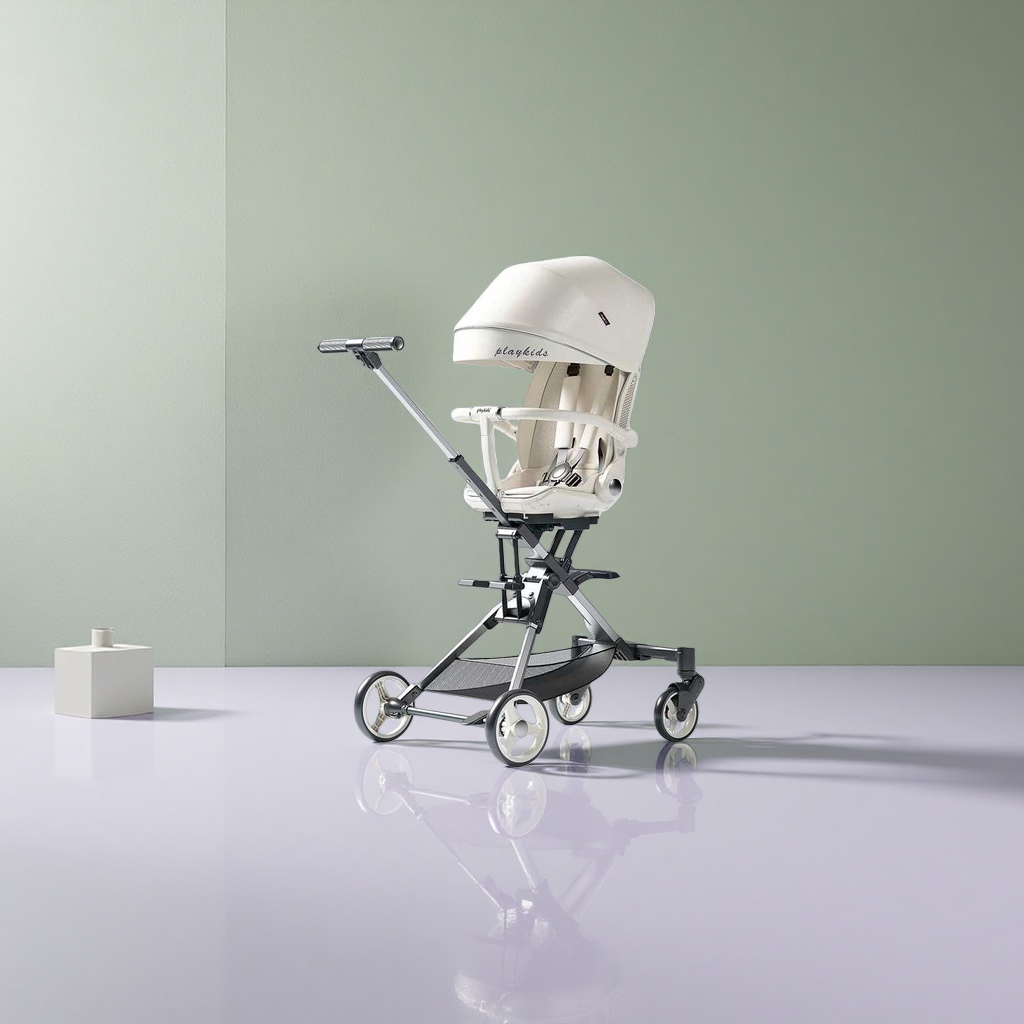 The off-white baby stroller is lightweight, foldable, suitable for sitting or lying down, shock-absorbing and offers a high view