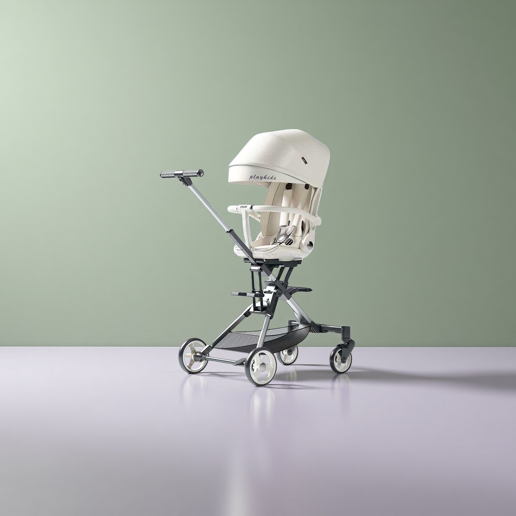 The off-white baby stroller is lightweight, foldable, suitable for sitting or lying down, shock-absorbing and offers a high view Specification image