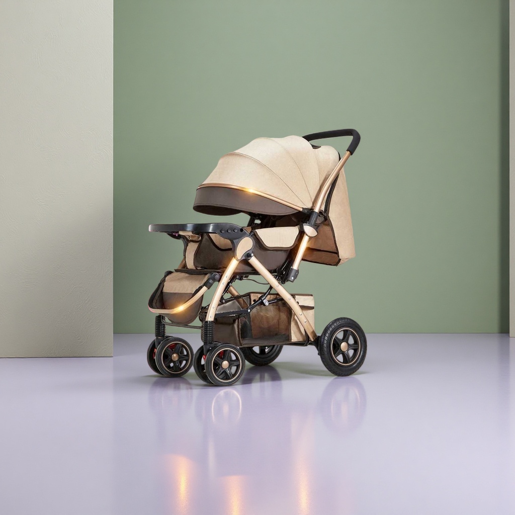 Beige baby stroller is lightweight, foldable, bidirectional, shock-absorbing and high-view baby stroller