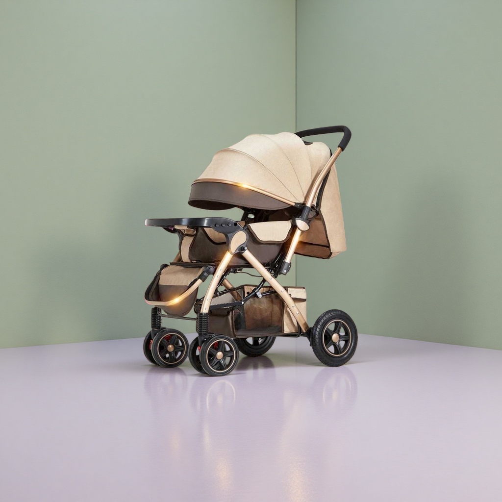 Beige baby stroller is lightweight, foldable, bidirectional, shock-absorbing and high-view baby stroller Specification image