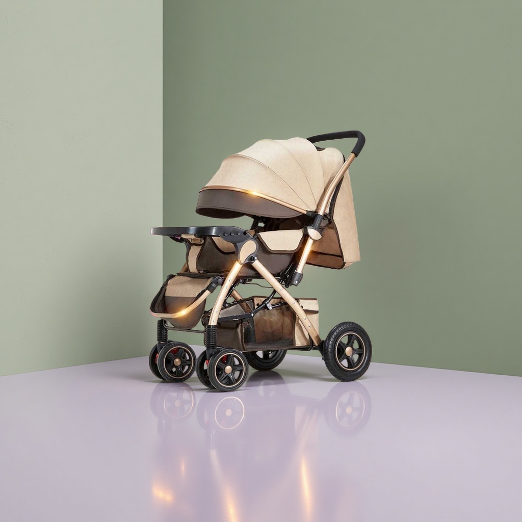 Beige baby stroller is lightweight, foldable, bidirectional, shock-absorbing and high-view baby stroller Application Scenario