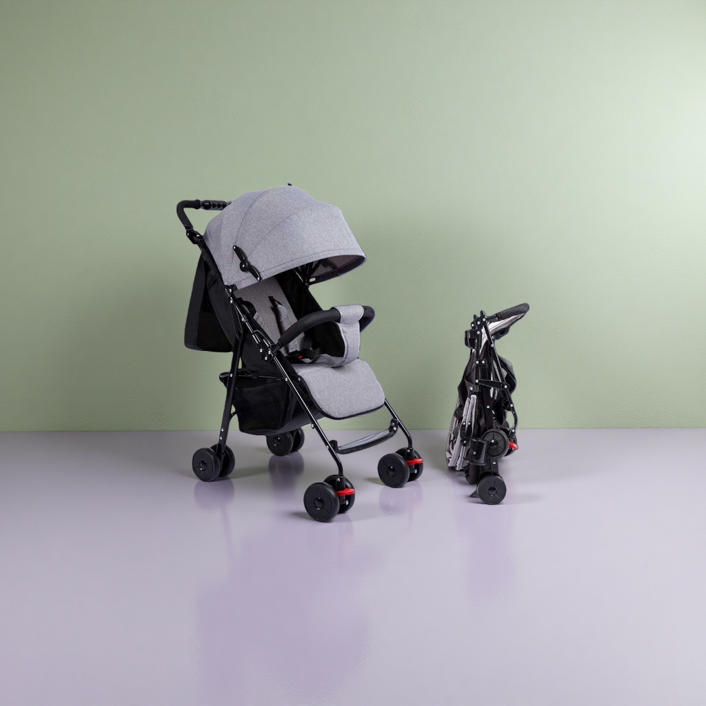 The grey baby stroller with an aluminum alloy frame features a one-button retraction and bidirectional push, making it suitable for newborns details Picture