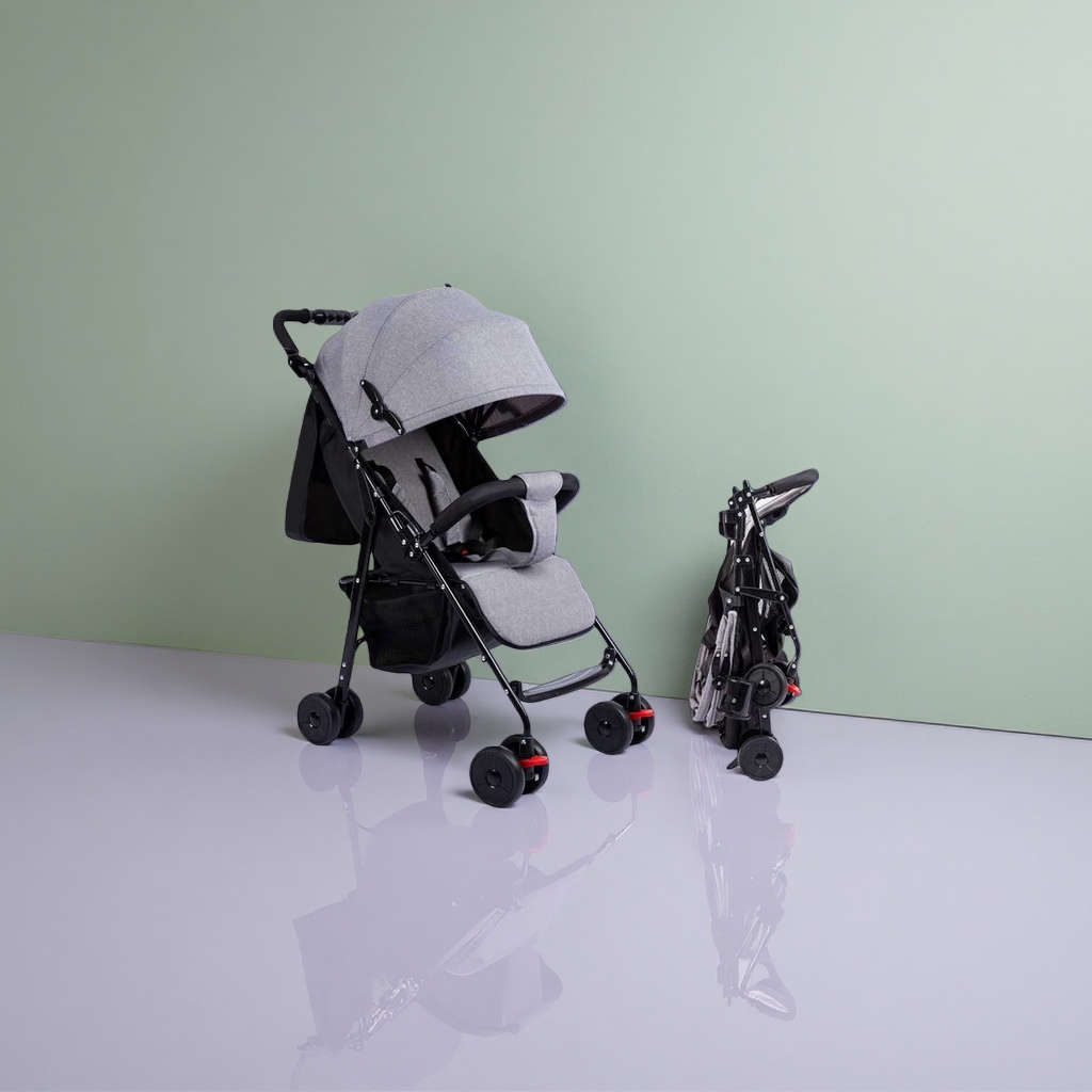 The grey baby stroller with an aluminum alloy frame features a one-button retraction and bidirectional push, making it suitable for newborns Specification image