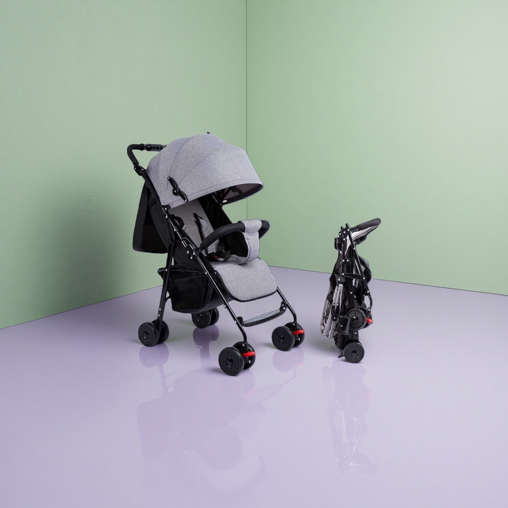 The grey baby stroller with an aluminum alloy frame features a one-button retraction and bidirectional push, making it suitable for newborns Application Scenario