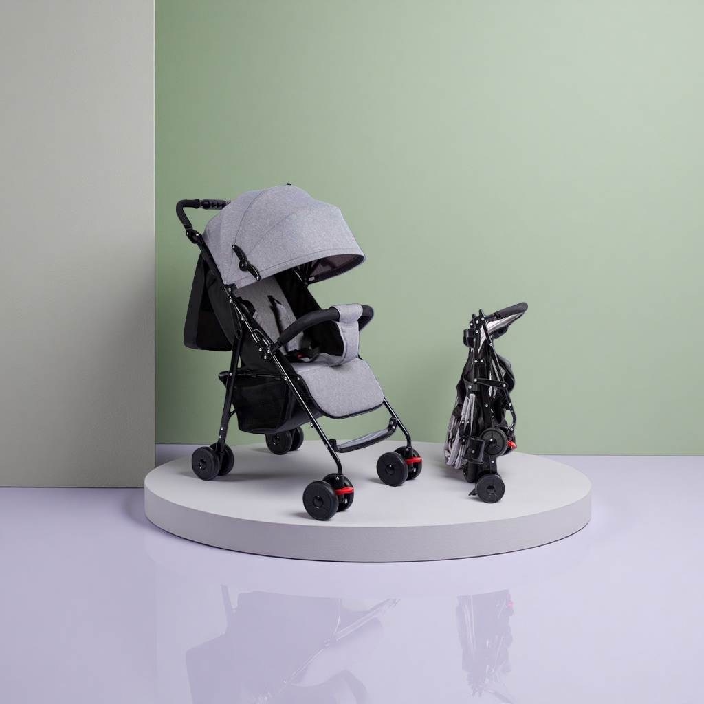 The grey baby stroller with an aluminum alloy frame features a one-button retraction and bidirectional push, making it suitable for newborns
