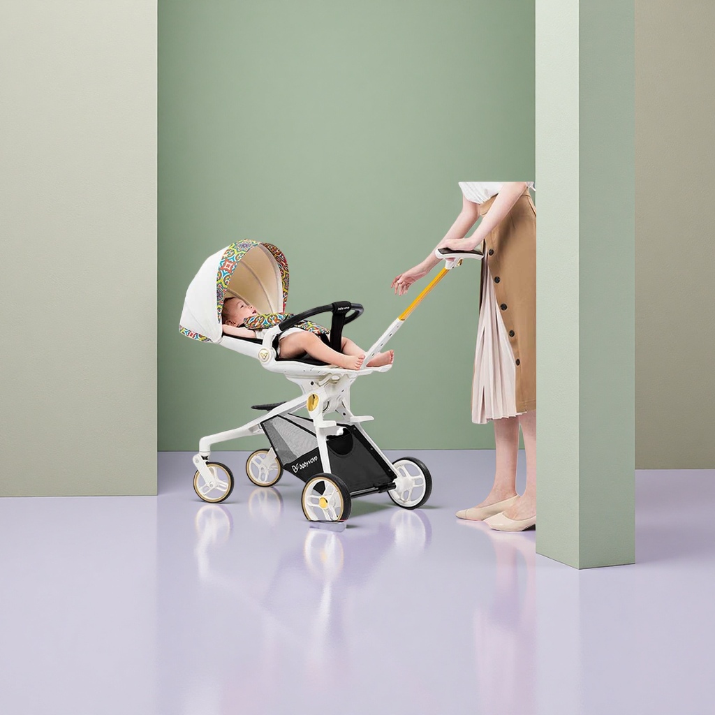 White baby stroller with colorful sunshade, black seat and yellow push rod