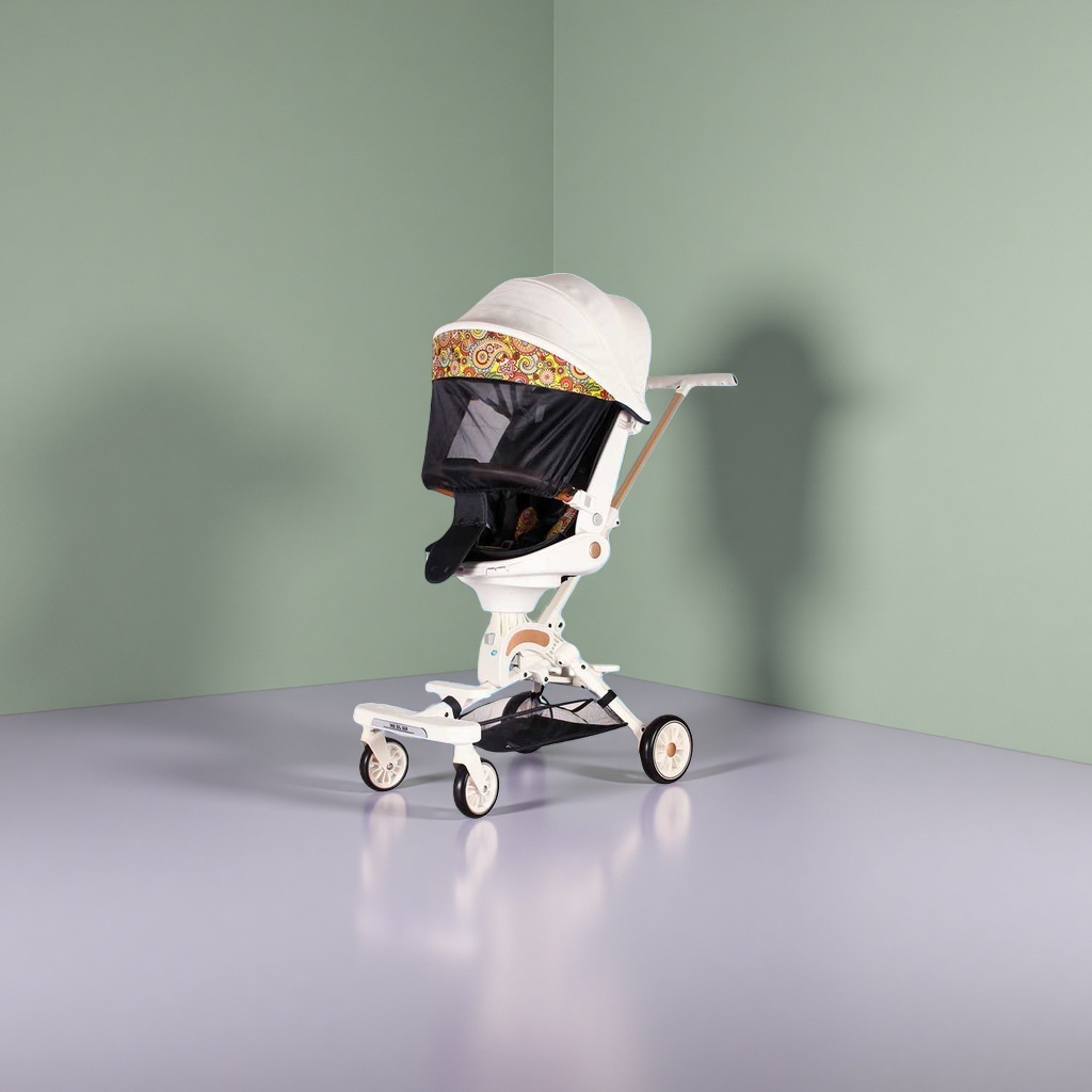 The white trolley baby stroller is lightweight, foldable, suitable for sitting or lying down, and features shock-absorbing universal wheels Specification image