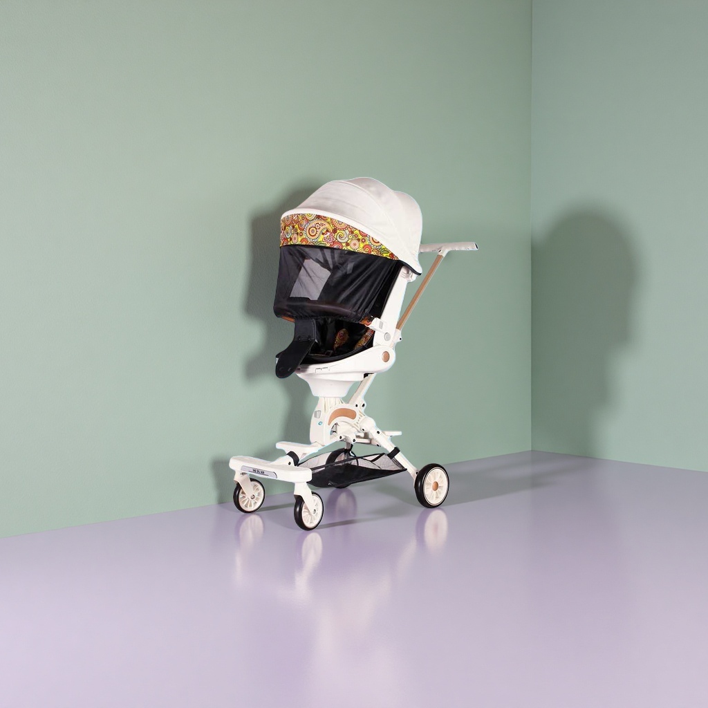 The white trolley baby stroller is lightweight, foldable, suitable for sitting or lying down, and features shock-absorbing universal wheels Application Scenario