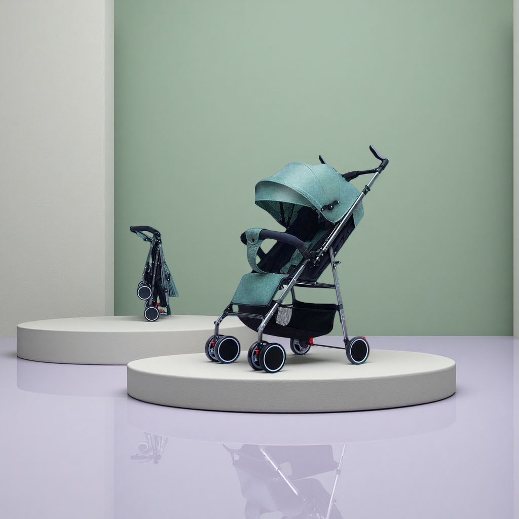 Green baby stroller, high-view aluminum alloy frame, one-button retractable, sunshade UPF50+