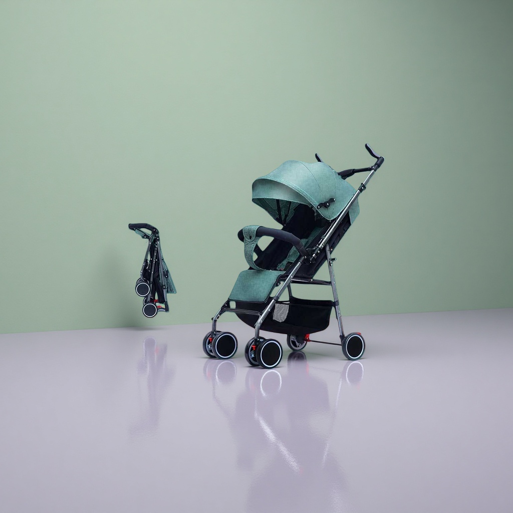Green baby stroller, high-view aluminum alloy frame, one-button retractable, sunshade UPF50+ Specification image