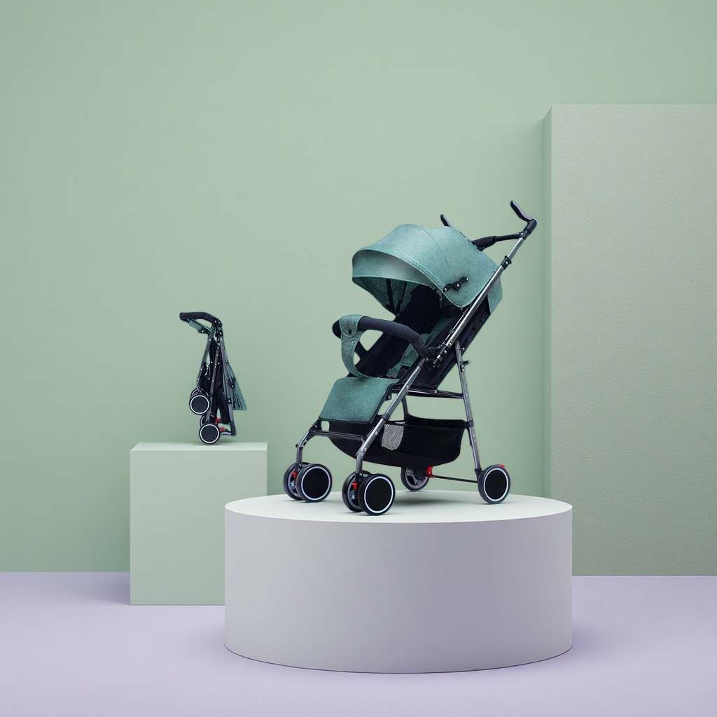 Green baby stroller, high-view aluminum alloy frame, one-button retractable, sunshade UPF50+ Application Scenario