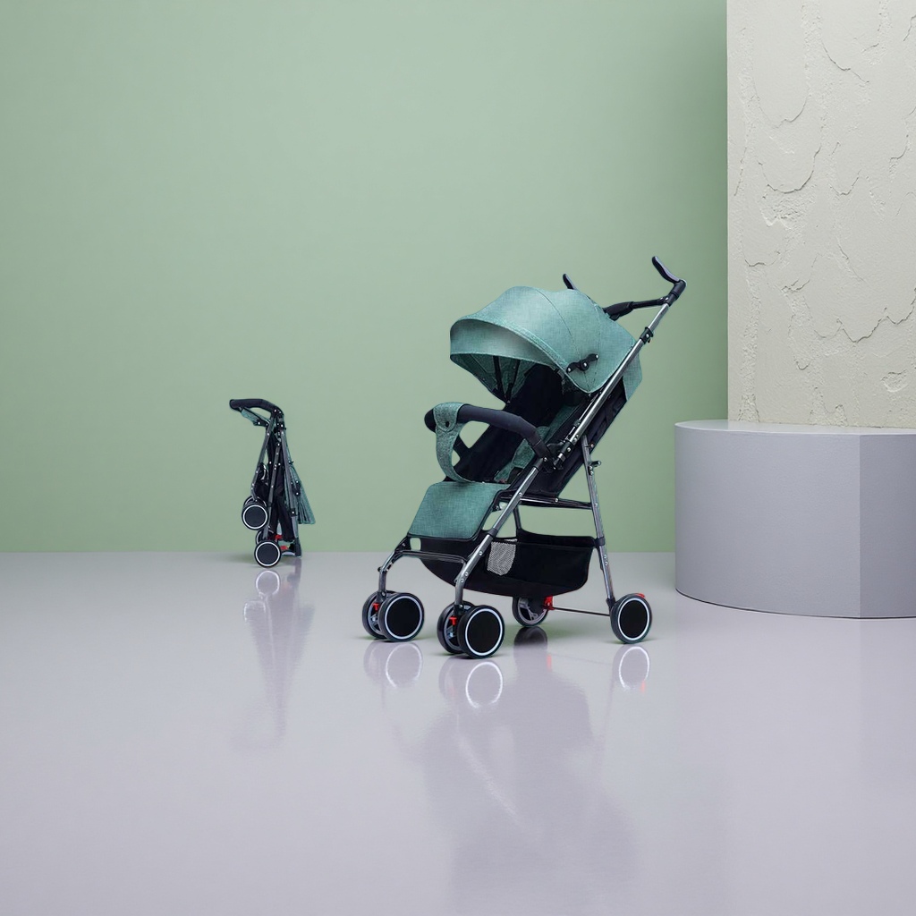 Green baby stroller, high-view aluminum alloy frame, one-button retractable, sunshade UPF50+ details Picture