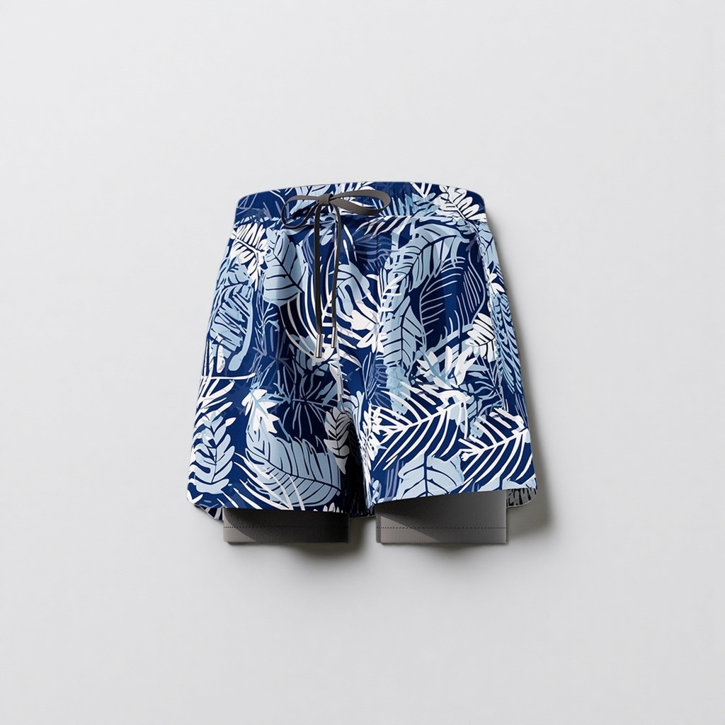 Blue tropical leaf pattern beach shorts for men, quick-drying casual capri pants Specification image