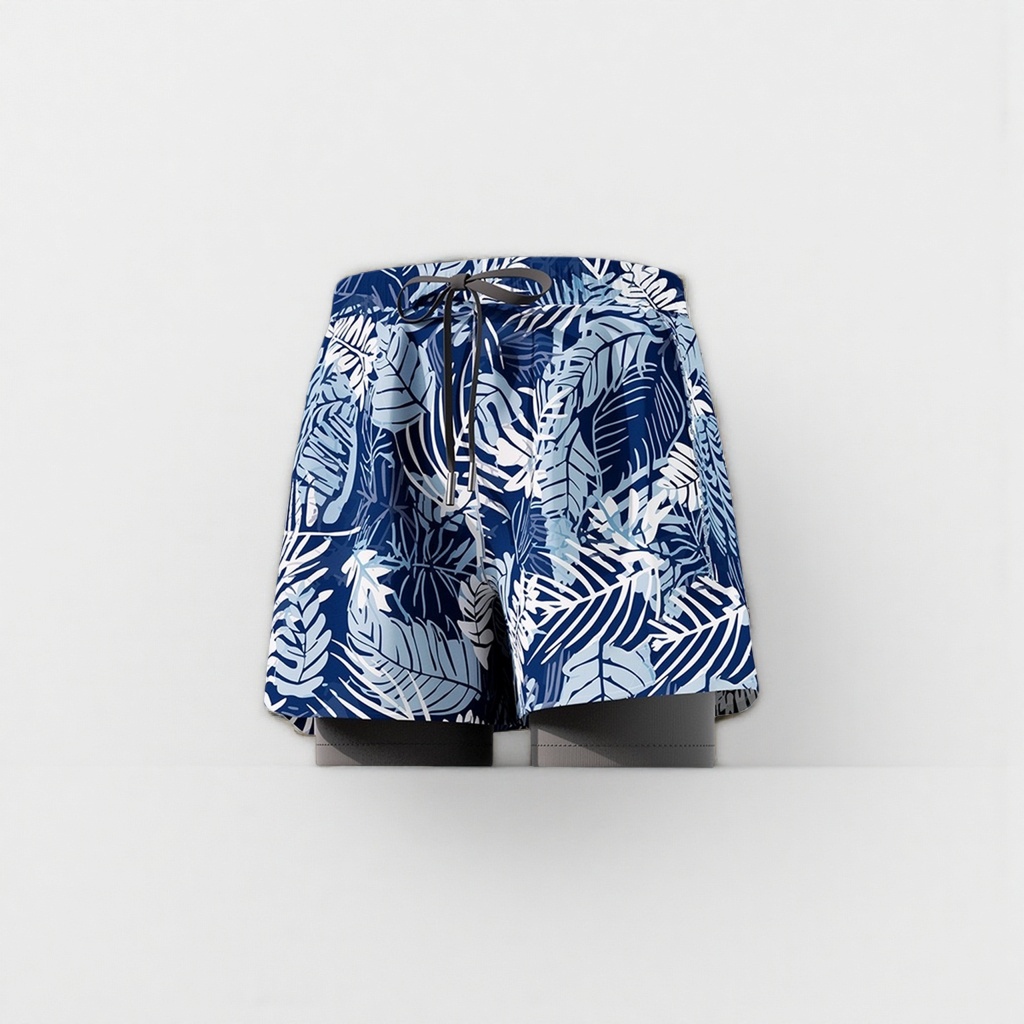 Blue tropical leaf pattern beach shorts for men, quick-drying casual capri pants details Picture
