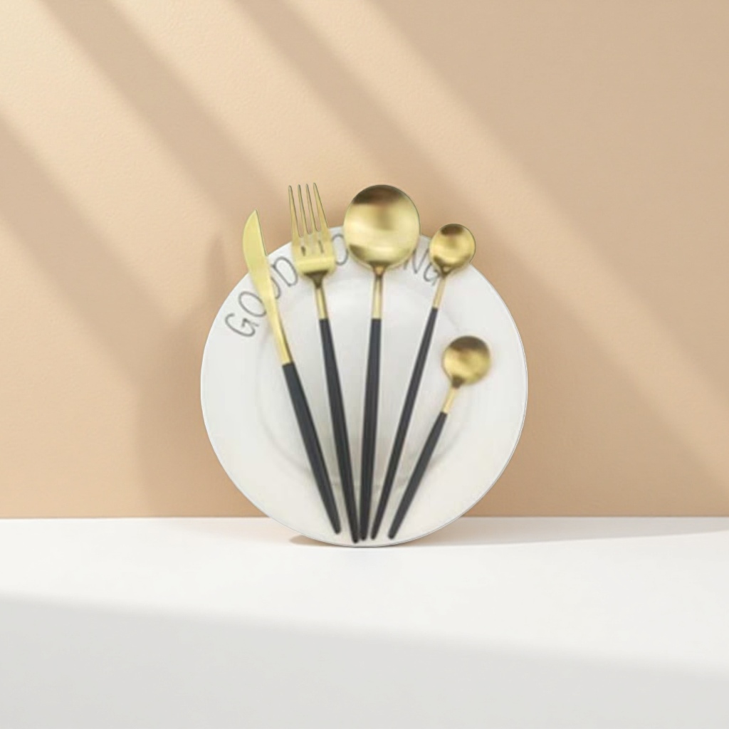 A scene photo of a golden tableware set and a white plate posed Specification image