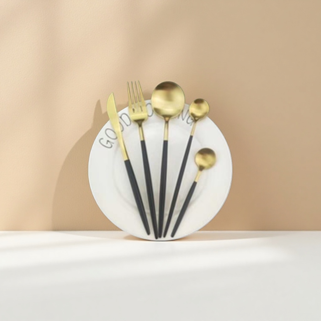 A scene photo of a golden tableware set and a white plate posed Application Scenario
