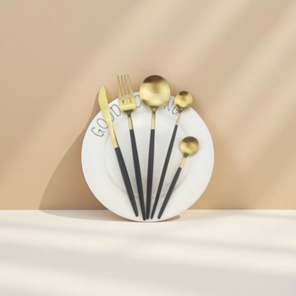 A scene photo of a golden tableware set and a white plate posed details Picture