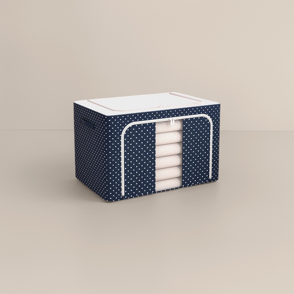 Deep blue and white polka-dot Oxford fabric storage box, large-capacity dust-proof organizing box Specification image