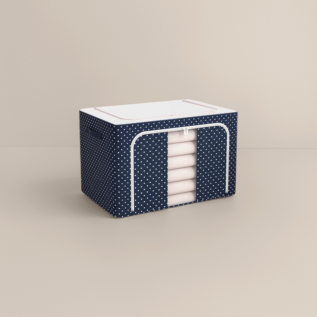 Deep blue and white polka-dot Oxford fabric storage box, large-capacity dust-proof organizing box details Picture
