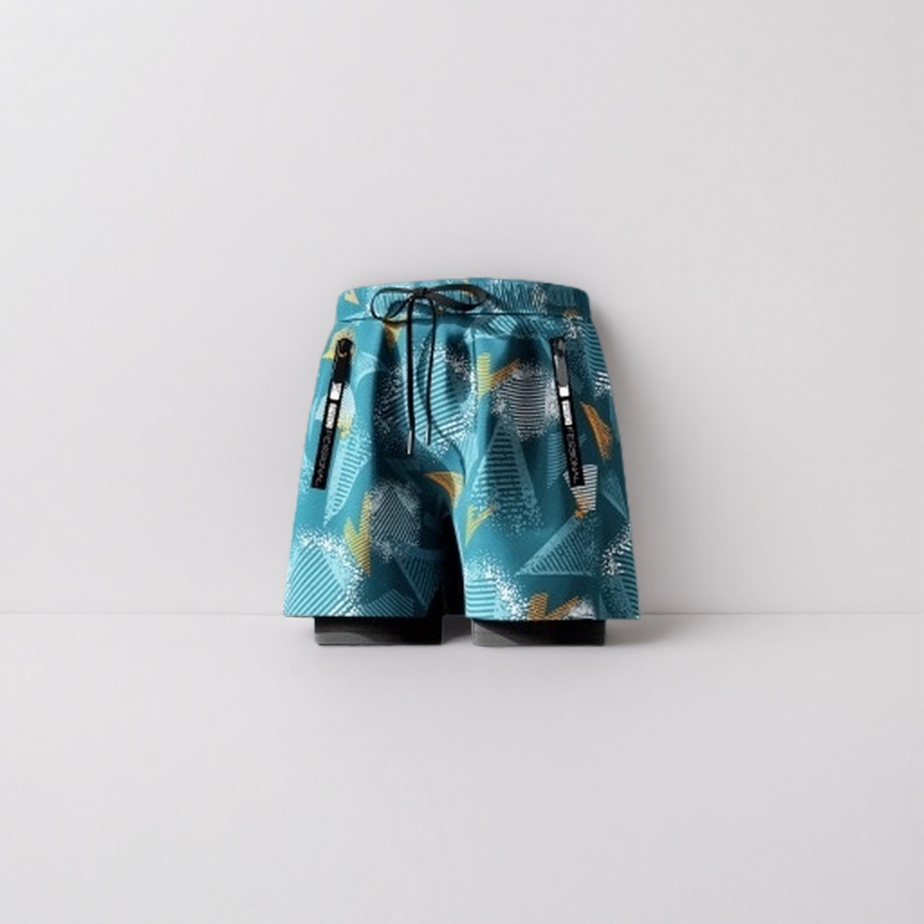 Blue-green geometric pattern sports shorts for both men and women, quick-drying, breathable, fitness, running and casual Specification image