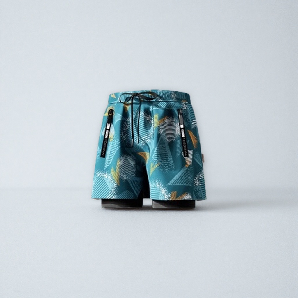 Blue-green geometric pattern sports shorts for both men and women, quick-drying, breathable, fitness, running and casual Application Scenario