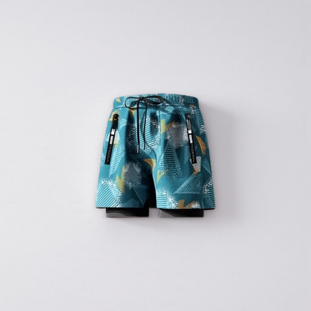 Blue-green geometric pattern sports shorts for both men and women, quick-drying, breathable, fitness, running and casual details Picture