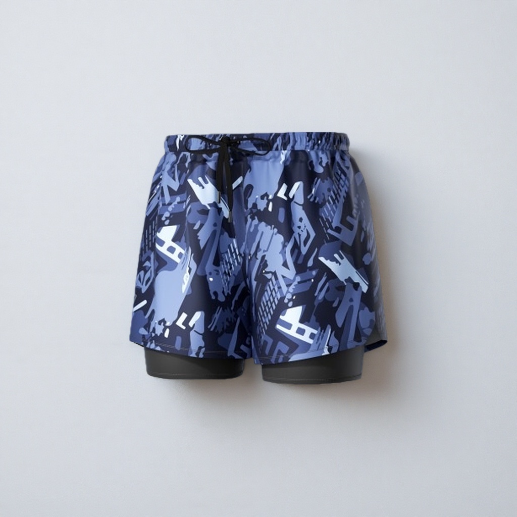 Blue and white camouflage pattern sport shorts for men, quick-drying casual capri pants details Picture