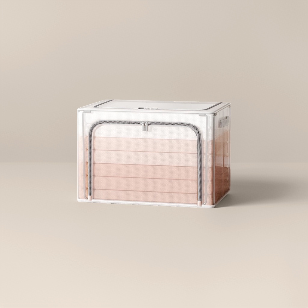 A transparent storage box contains a pink fabric sorting box for home bedroom wardrobe storage Specification image