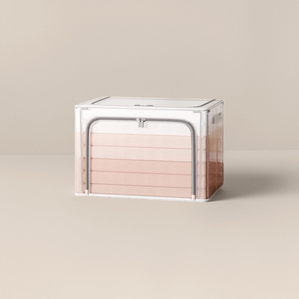 A transparent storage box contains a pink fabric sorting box for home bedroom wardrobe storage Application Scenario